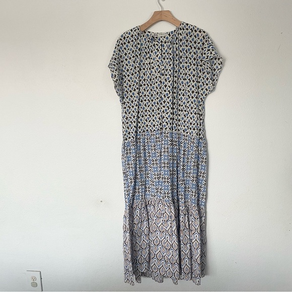 ZARA Dress Womens XL Brown Blue Patchwork Tiered Long Flowy Bohemian Cotton NWT - Picture 12 of 13